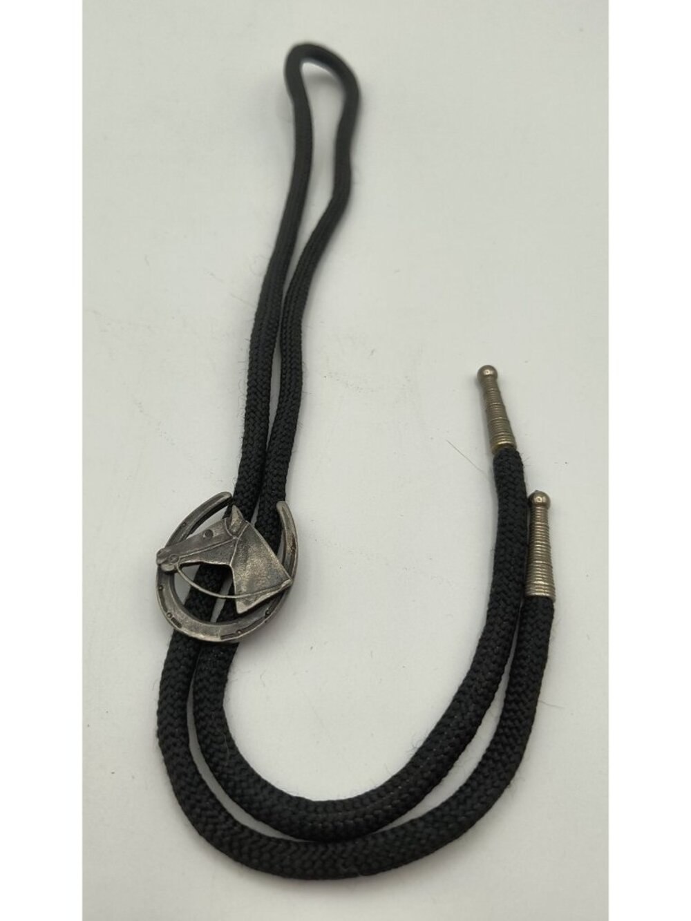 Vintage Western Bolo Tie Horse Head Horseshoe Design Black Cord Silver-Tone